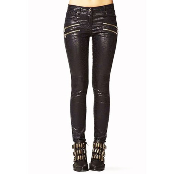 Forever 21 Denim - Black Crackle Punk Moto Skinny Zipper Pants S